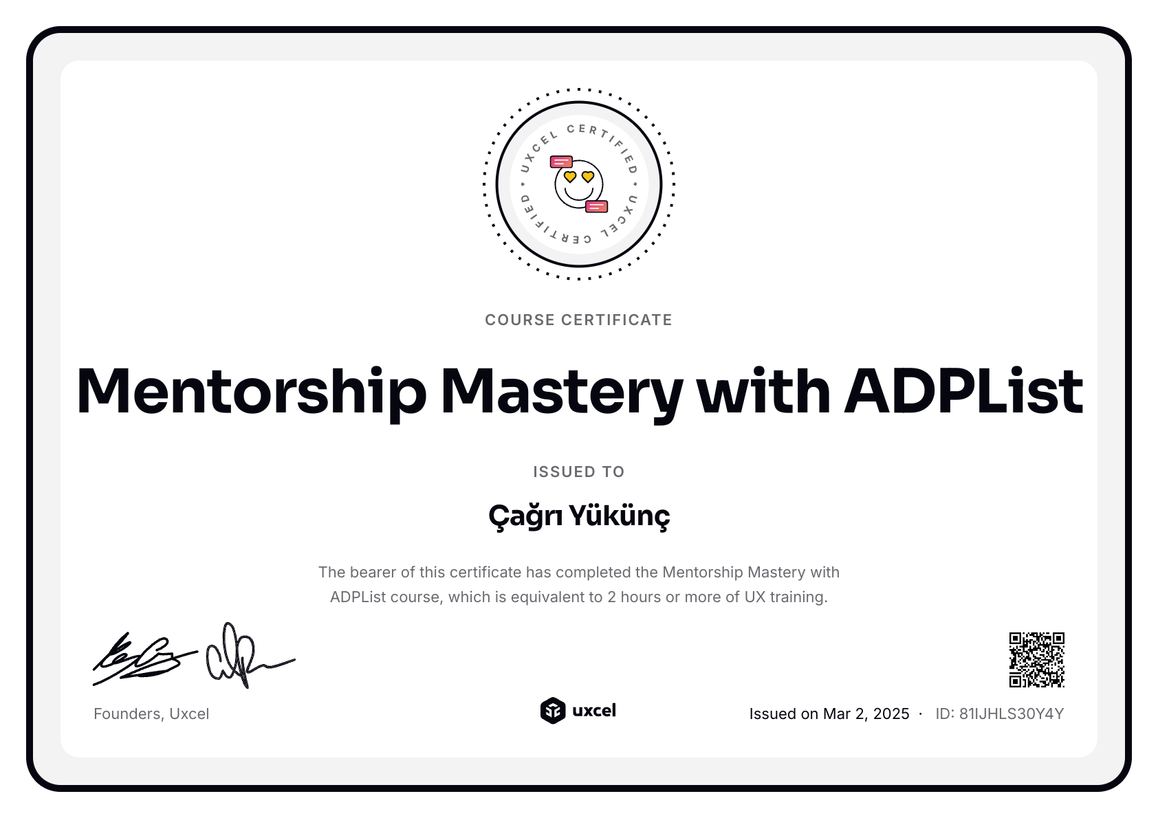 Çağrı Yükünç's certificate